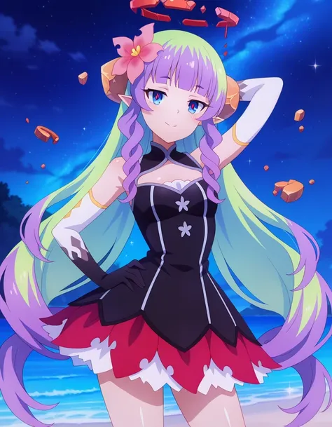 anime screencap, masterpiece, drill sidelocks, blunt bangs, multicolored hair, very long hair, blue eyes, red pupils, pointy ears, hair flower, hair ornament, broken halo, bare shoulders, black dress, cleavage cutout, elbow gloves, layered skirt, shiny ski...
