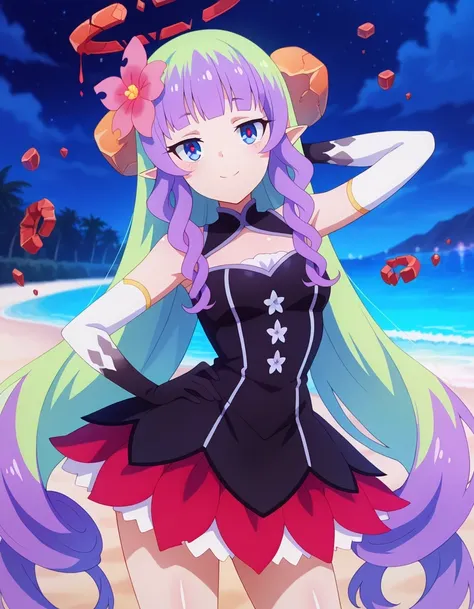 anime screencap, masterpiece, drill sidelocks, blunt bangs, multicolored hair, very long hair, blue eyes, red pupils, pointy ears, hair flower, hair ornament, broken halo, bare shoulders, black dress, cleavage cutout, elbow gloves, layered skirt, shiny ski...
