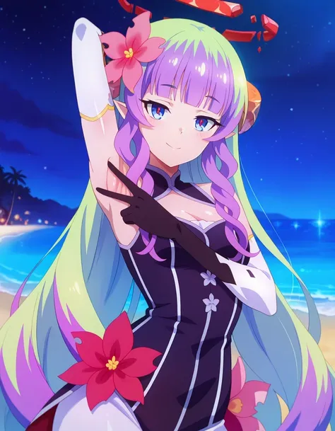 anime screencap, masterpiece, drill sidelocks, blunt bangs, multicolored hair, very long hair, blue eyes, red pupils, pointy ears, hair flower, hair ornament, broken halo, bare shoulders, cleavage cutout, elbow gloves, shiny skin, high quality, solo, upper...