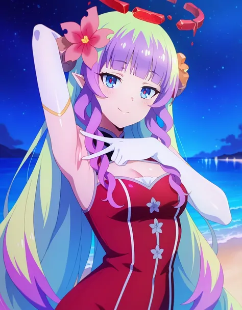 anime screencap, masterpiece, drill sidelocks, blunt bangs, multicolored hair, very long hair, blue eyes, red pupils, pointy ears, hair flower, hair ornament, broken halo, bare shoulders, cleavage cutout, elbow gloves, shiny skin, high quality, solo, upper...