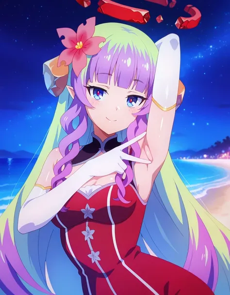 anime screencap, masterpiece, drill sidelocks, blunt bangs, multicolored hair, very long hair, blue eyes, red pupils, pointy ears, hair flower, hair ornament, broken halo, bare shoulders, cleavage cutout, elbow gloves, shiny skin, high quality, solo, upper...