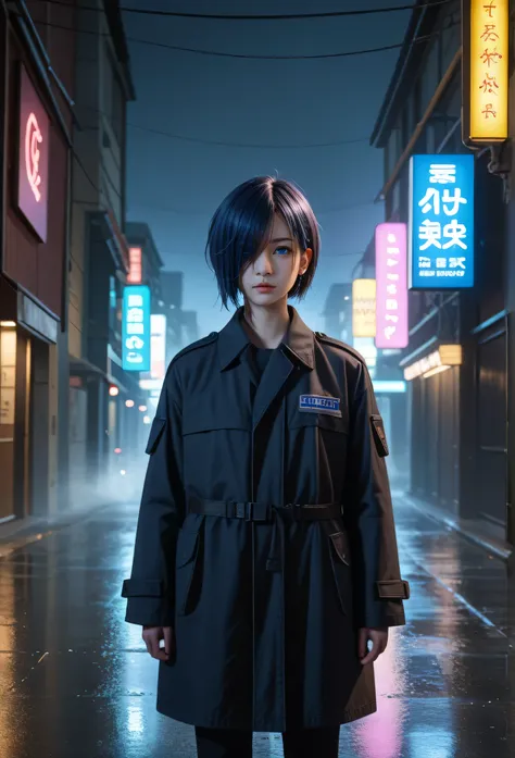 A melancholic age girl with short dark blue hair covering the left eye, dark blue eye, wearing a black trench coat that flutters in the wind. She holds an old black umbrella while standing in a dark alley in Tokyo at night., and neon lights reflect on the ...