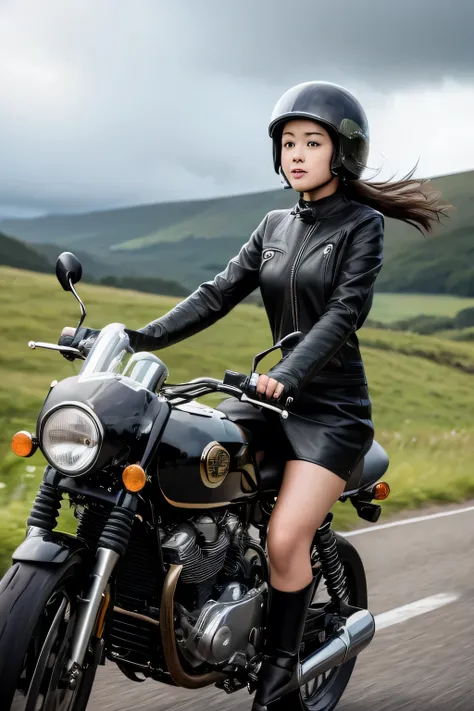 (A young female rider speeds along on a motorcycle)、Vintage Bikes、Bluff Superior SS100、Isle of Man Races、Leather jumper、Cromwell helmet with goggles、After the Rain、English countryside、(Highest quality, masterpiece, High resolution)、8k、wallpaper