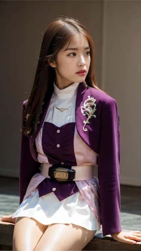 ( 高精細CG),( top quality ),((Frontal View)),((Composition showing the upper body)),((black room background with no lights)),((1girl)), completely complete, shiny skin ,wide hips , thin waist in the video department, purple bolero jacket,((white skirt)),long ...