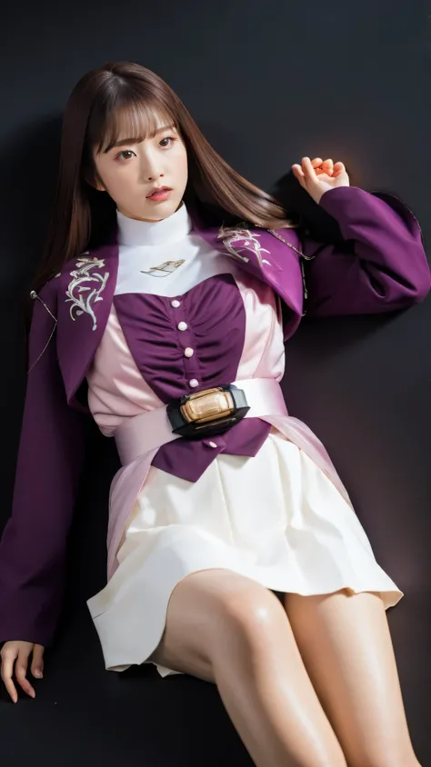 ( 高精細CG),( top quality ),((Frontal View)),((Composition showing the top from the knee)),((black room background with no lights)),((1girl)), completely complete, shiny skin ,wide hips , thin waist in the video department, purple bolero jacket,((white skirt)...