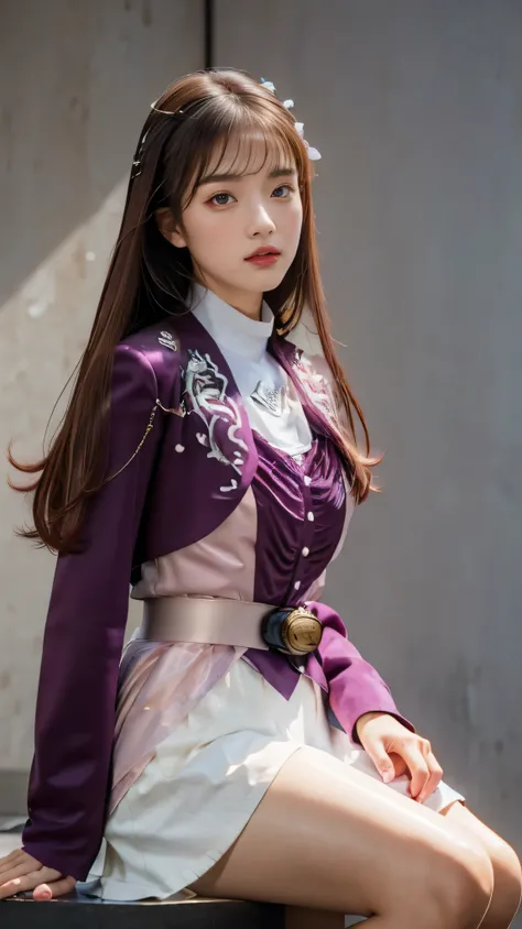 ( 高精細CG),( top quality ),((Frontal View)),((Composition showing the upper body)),((black room background with no lights)),((1girl)), completely complete, shiny skin ,wide hips , thin waist in the video department, purple bolero jacket,((white skirt)),long ...
