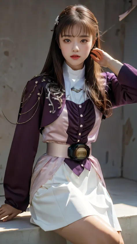 ( 高精細CG),( top quality ),((Frontal View)),((Composition showing the upper body)),((black room background with no lights)),((1girl)), completely complete, shiny skin ,wide hips , thin waist in the video department, purple bolero jacket,((white skirt)),long ...