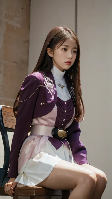 ( 高精細CG),( top quality ),((Frontal View)),((Composition showing the upper body)),((black room background with no lights)),((1girl)), completely complete, shiny skin ,wide hips , thin waist in the video department, purple bolero jacket,((white skirt)),long ...