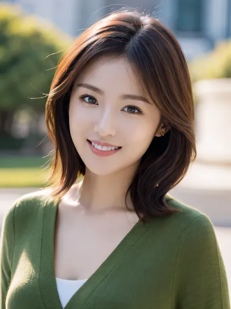 highest quality, full body, waist shot, masterpiece, dark eyebrows, ultra high resolution, realistic, very detailed, professional lighting smile, eagle nose, medium wave hair, random body orientation, background for green park,