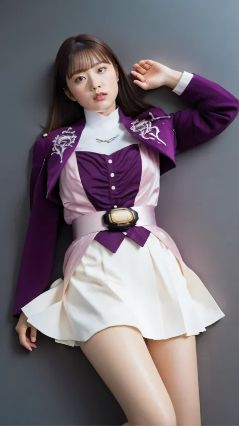 ( 高精細CG),( top quality ),((Frontal View)),((Composition showing the top from the knee)),((black room background with no lights)),((1girl)), completely complete, shiny skin ,wide hips , thin waist in the video department, purple bolero jacket,((white skirt)...