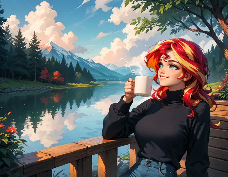 sunset shimmer, smiling, outdoors, nature, on a deck, looking out at a lake, jeans, black turtleneck sweater, sipping a mug of hot chocolate, overcast, cloudy, a single snowflake falling on her nose, very detailed, masterpiece, calm atmosphere