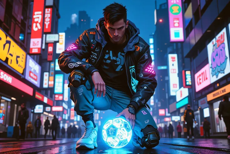 A futuristic male football player in stylish casual wear, wearing a modern high-tech jacket with neon accents. His outfit blends cyberpunk aesthetics with a sporty urban look, featuring sleek, synthetic fabrics with glowing circuit patterns. A luminous, hi...