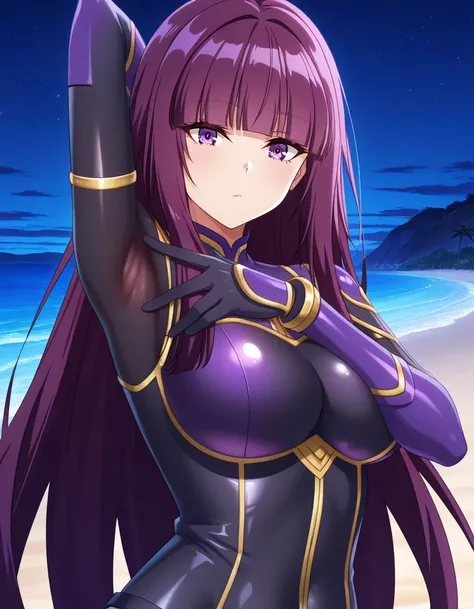 sdeta, purple hair, blunt bangs, long hair, purple eyes,
black bodysuit, gold trim, anime screencap, shiny skin, high quality, solo, upper body, (contrapposto), spread armpit, armpits, armpit focus, hand behind head, closed mouth, night sky, beach, looking...