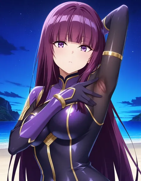 sdeta, purple hair, blunt bangs, long hair, purple eyes,
black bodysuit, gold trim, anime screencap, shiny skin, high quality, solo, upper body, (contrapposto), spread armpit, armpits, armpit focus, hand behind head, closed mouth, night sky, beach, looking...