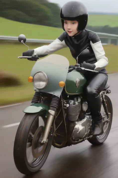 (A young female rider speeds along on a motorcycle)、Vintage Bikes、Bluff Superior SS100、Isle of Man Races、Leather jumper、Cromwell helmet with goggles、After the Rain、English countryside、(Highest quality, masterpiece, High resolution)、8k、wallpaper,masterpiece...