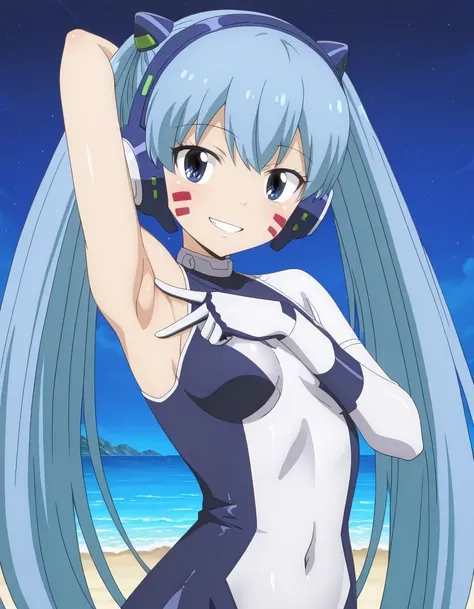 hermitmio, robot, long hair, twintails, blue hair, hair betwwen eyes, blue eyes, facial mark, small breasts, headphones, body suit, anime screencap, shiny skin, high quality, solo, upper body, (contrapposto), v, spread armpit, presenting armpit, hand behin...