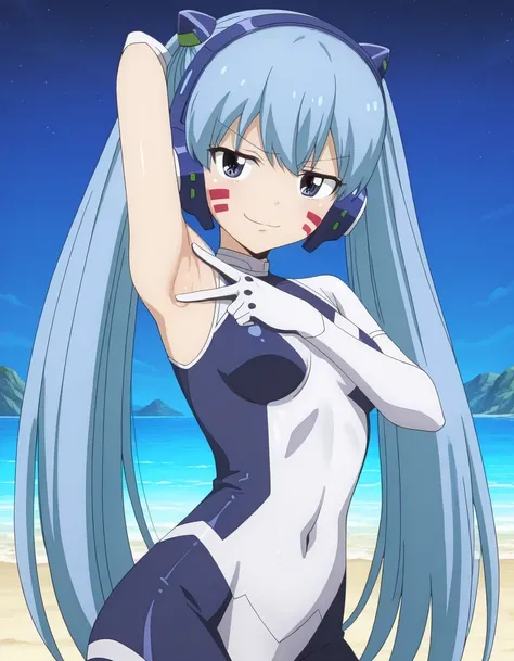 hermitmio, robot, long hair, twintails, blue hair, hair betwwen eyes, blue eyes, facial mark, small breasts, headphones, body suit, anime screencap, shiny skin, high quality, solo, upper body, (contrapposto), v, spread armpit, presenting armpit, hand behin...