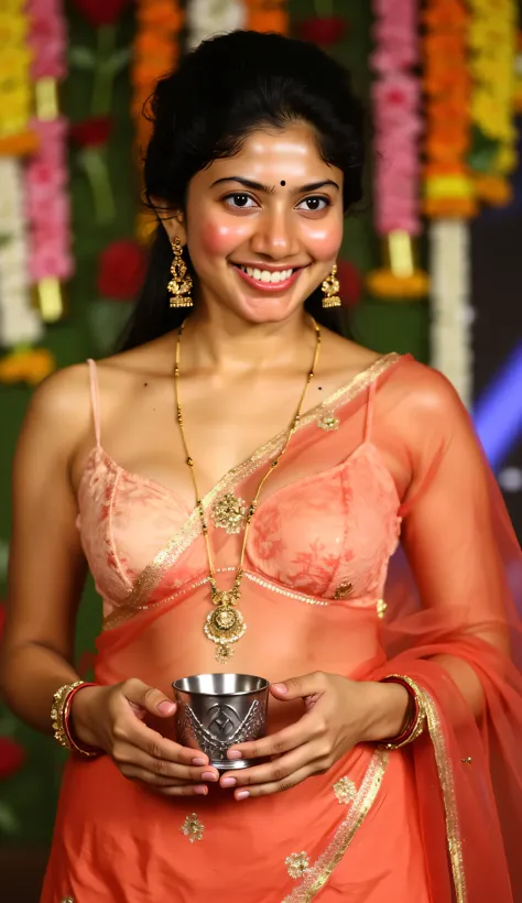 Create a realistic 8k image of a Indian woman  in peach bra showing deep clevage ,very hot and sexy, perfect breasts, 32d size, ,She is adorned with traditional gold jewelry, including a necklace with pendants and matching earrings, and has jasmine flowers...