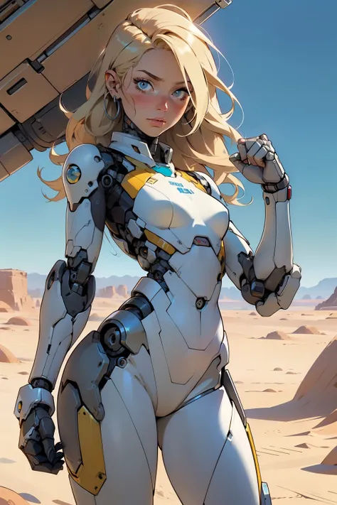 high quality, 4k, masterpiece, beautiful, cyborg girl, cowboy shot, dull eyes, looking at viewer, long blonde hair, girl, small breasts, fit thigh, robotic arms, robotic body, cyborg body, yellow accent, intricate detail, joint, detailed lines, robotic det...
