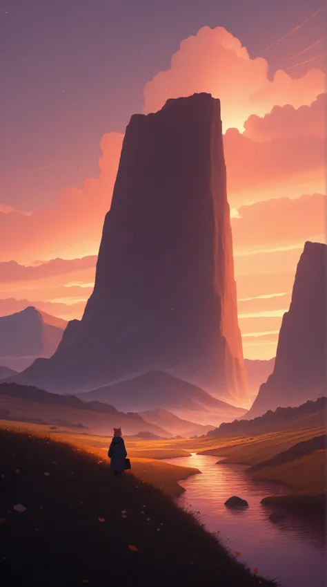a futuristic landscape in the illustrative style of french illustrator Moebius, (purples, reds, blues),