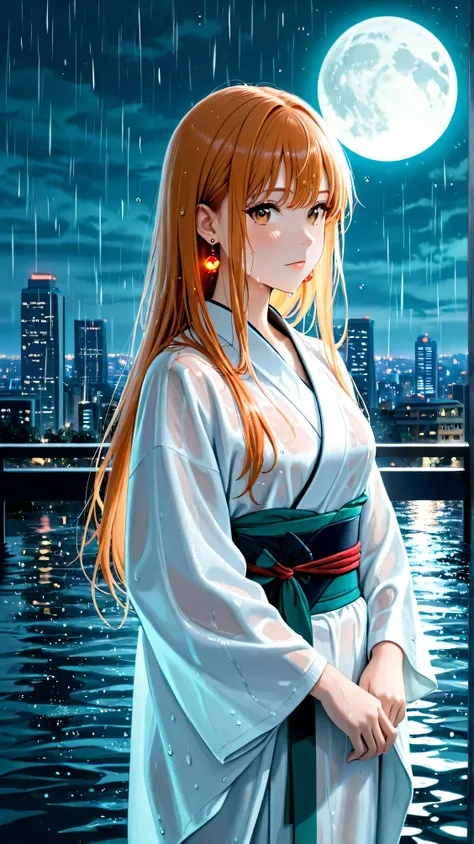 Masterpiece, Best Quality, Top Quality, Very Detailed, 1 girl, A delicate young woman with a light complexion and soft features, depicted in a three-quarter view. She has long hair with white and teal-green streaks, wears a wet, semi-transparent white kimo...