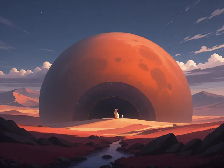 a futuristic landscape in the illustrative style of french illustrator Moebius, (purples, reds, blues),