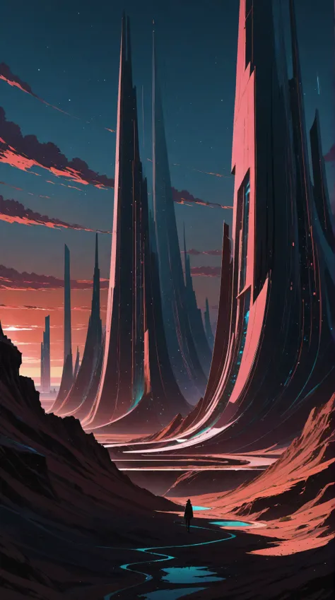 a futuristic landscape in the illustrative style of french illustrator Moebius