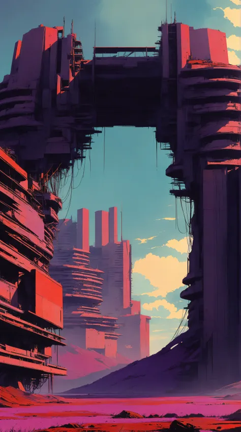 a futuristic landscape in the illustrative style of french illustrator Moebius, (purples, reds, blues), brutalist architecture, brutalism, retrofuturistic, french retro,
