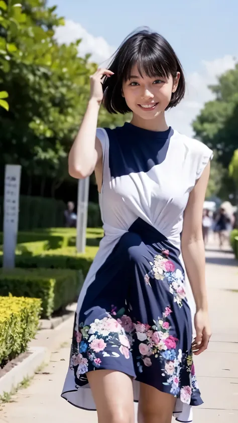 masterpiece, top quality, disorganized , PERFECT ANATOMY, 1 girl, alone, The Story of Pascal, short hair, beautiful, cheerful, sunny day, botanical garden where two people join arms, Summer Breeze, summer dress, floral , wave hair, smile、, Erection unde...