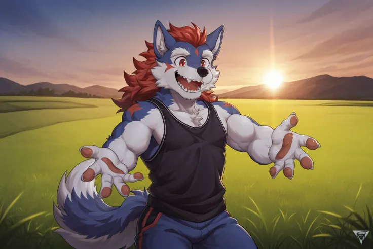 1boy, solo, wolf, (midnight blue fur), red hair, red eyes, white eyebrows, shota, young, open mouth, black tank top, cowboy shot, furry, bara, stand, green grassland, excited, morning, score_9, score_8_up, score_7_up