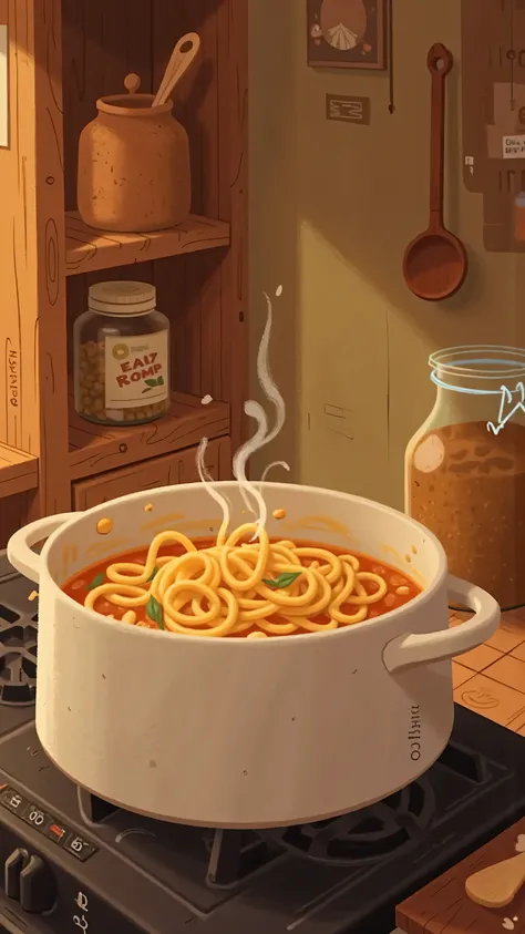 Overhead shot,warm kitchen close-up shot,focusing on a pure white ceramic stew pot,The noodles in the pot flickering slightly during slow cooking,With a whirlwind of steam。The background is a wood-colored open shelf(A seasoning jar with a rough earthenware...