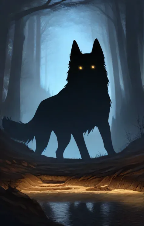 (Masterpiece, better quality:1.2), a mysterious and sinister cave in a forest, fog at the foot of the trees, silhouette big sinister black dog with golden eyes looking at the spectator, lurking, dark cave in the distance, 