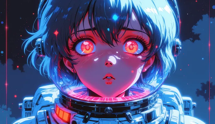 Close-up of an improved masterpiece:1.5)0.9], ( Space and Astronauts:1.2) (Messy silver hair:1.1) ( heterochromia: xanthochromia and blue eyes:1.2) (Space helmet:1.0) (Colored stars in their eyes:1.0) (A radiant glow:1.1) (thick lips:0.9), neon, rose