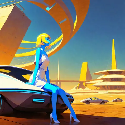 a futuristic landscape in the illustrative style of french illustrator Moebius, (blues, yellows), brutalist architecture, brutalism, retrofuturistic, french retro, retrofuturistic car, a young girl in a white tunic, yellow hair, blue eyes, (((blue skin))),...
