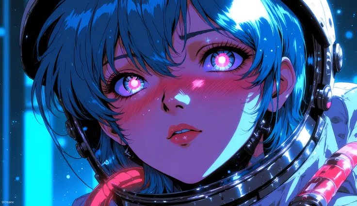 Close-up of an improved masterpiece:1.5)0.9], ( Space and Astronauts:1.2) (Messy silver hair:1.1) ( heterochromia: xanthochromia and blue eyes:1.2) (Space helmet:1.0) (Colored stars in their eyes:1.0) (A radiant glow:1.1) (thick lips:0.9), neon, rays of li...