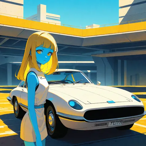 a futuristic landscape in the illustrative style of french illustrator Moebius, (blues, yellows), brutalist architecture, brutalism, retrofuturistic, french retro, retrofuturistic car, a young girl in a white tunic, yellow hair, blue eyes, (((blue skin))),...