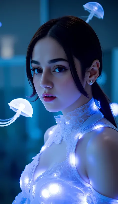 (8K, RAW Photos, Highest quality、masterpiece:1.2), (Realistic、Realistic:1.37), Very detailed, High resolution, fashion portrait, bioluminescent clothing, Haeckel Inspired, Umbrella Medusa Jellyfish.captured on Hasselblad X1D, 100mm