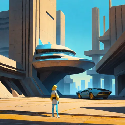 a futuristic landscape in the illustrative style of french illustrator Moebius, (blues, yellows), brutalist architecture, brutalism, retrofuturistic, french retro, retrofuturistic car, a young girl in a white tunic, yellow hair, blue eyes, (((blue skin))),...