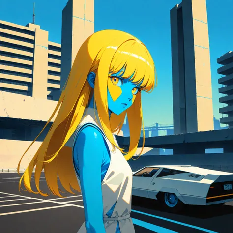 a futuristic landscape in the illustrative style of french illustrator Moebius, (blues, yellows), brutalist architecture, brutalism, retrofuturistic, french retro, retrofuturistic car, a young girl in a white tunic in foreground, heroic look, portrait, yel...