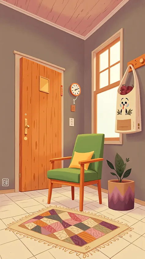 Panoramic view shows a warm interior space(Wood-colored door and door frame(closed wooden door);There is a bean green chair in front;neutral grey wall cladding;ground(diamond-shaped patchwork wool rug(Fringe decoration on the edge));Storage(suspended linen...