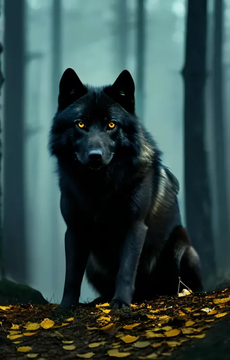 LUXURY COVER FOR A BOOK, cinematic, 8K , realistic, black wolf silhouette with shining golden eyes, cold color palette art style, stalking the spectator in the distance, looking at the spectator,(the best quality, High Resolutions, realistic:1.37), ultra d...