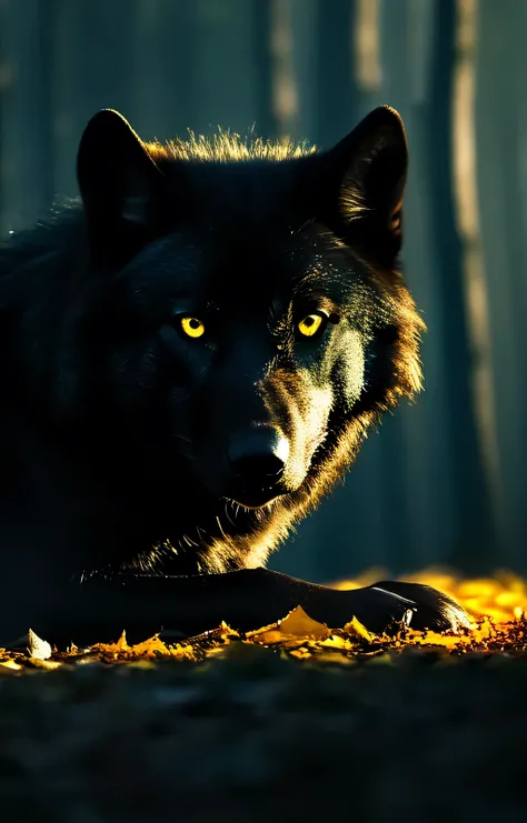 LUXURY COVER FOR A BOOK, cinematic, 8K , realistic, black wolf silhouette with shining golden eyes, cold color palette art style, stalking the spectator in the distance, looking at the spectator,(the best quality, High Resolutions, realistic:1.37), ultra d...