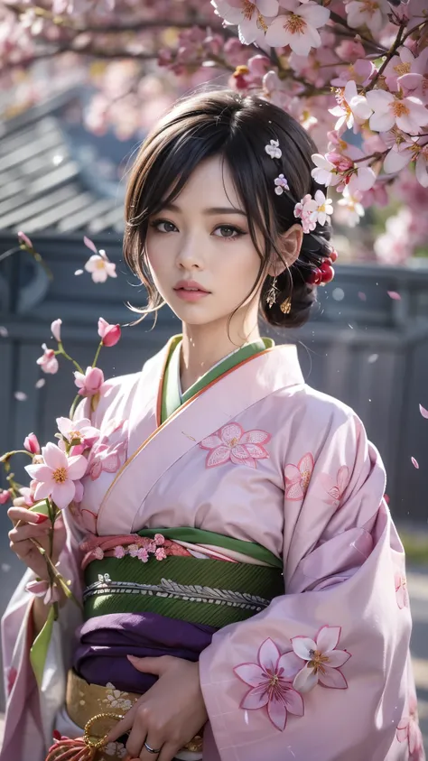 (32K, best quality, masterpiece, photorealistic, ultra high definition), ((Cherry Blossom Petals, Big Cherry Blossom Tree)), highly detailed skin and face textures:1.3, perfect dynamic composition:1.4, (Modern Urban Shrine Night, Expressions of joy:0.8, cr...
