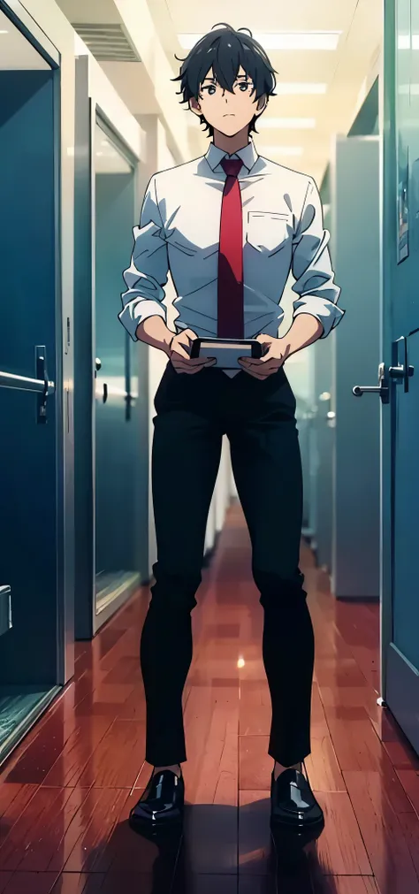 Anime boy, wearing white shirt, red tie, black pants, walking in hallway , holding book in hands, front view