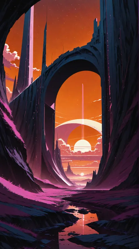 a futuristic landscape in the illustrative style of french illustrator Moebius