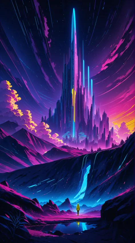 a futuristic landscape in the illustrative style of french illustrator Moebius, (neon blues, neon yellows),