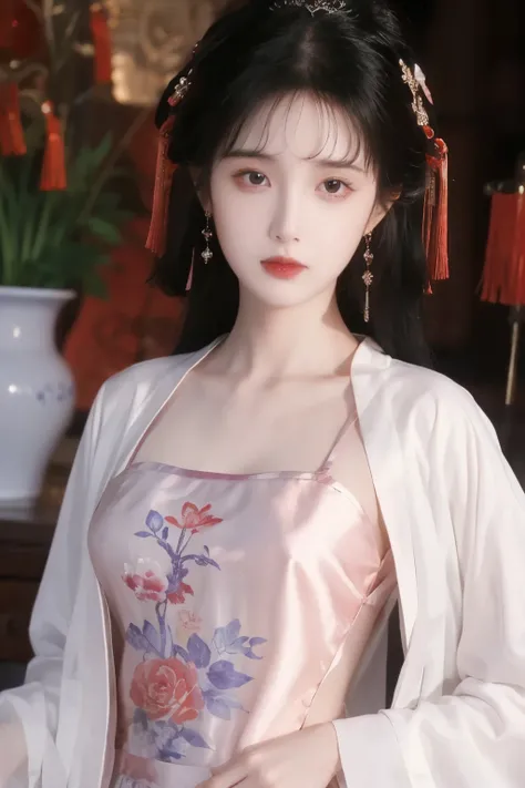 ( masterpiece, Top Quality, best quality, official art, beautiful and aesthetic:1.2), (1 Girl:1.3), flat chest, extremely detailed,(Fractal Art:1.1),(Flowers:1.3),Highest Detail,(dynamic pose), (background:1.3), (Traditional Chinese purple and white cloth...