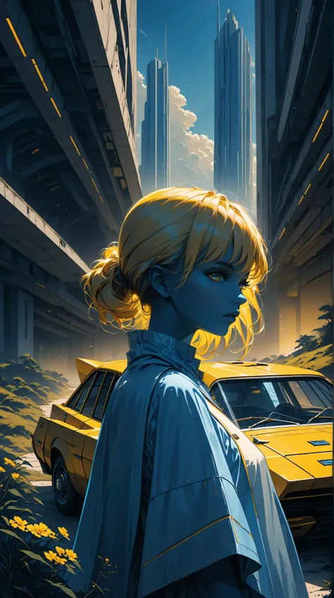 a futuristic landscape in the illustrative style of french illustrator Moebius, (blues, yellows), brutalist architecture, brutalism, retrofuturistic, french retro, retrofuturistic car, a young girl in a white tunic in foreground, heroic look, portrait, yel...