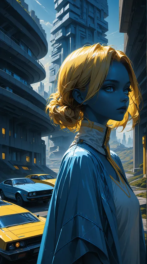 a futuristic landscape in the illustrative style of french illustrator Moebius, (blues, yellows), brutalist architecture, brutalism, retrofuturistic, french retro, retrofuturistic car, a young girl in a white tunic in foreground, heroic look, portrait, yel...