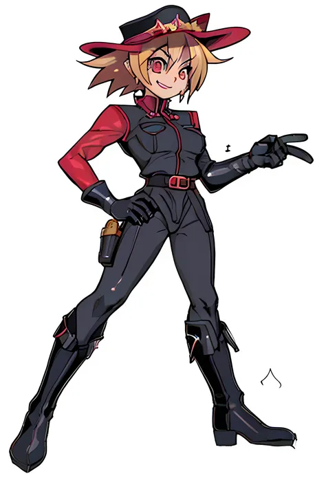 A young, light-skinned female character, positioned center-frame, is depicted in a dynamic pose.  She has short, blonde hair and a determined expression, with a slightly mischievous smile.  Her eyes are dark and intense.  Red and black accents are prominen...